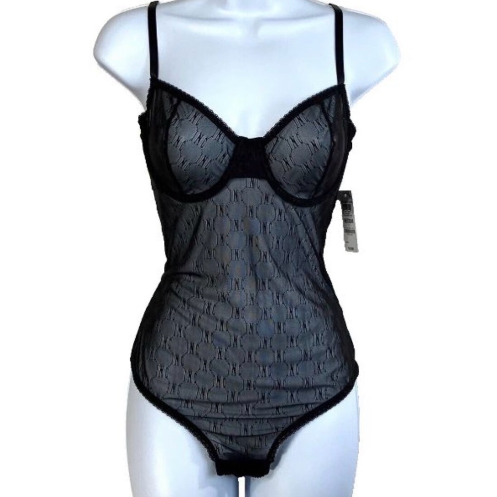I.N.C. Mesh Monogram Bodysuit, size Medium Deep Black Chic Undergarment Lingerie